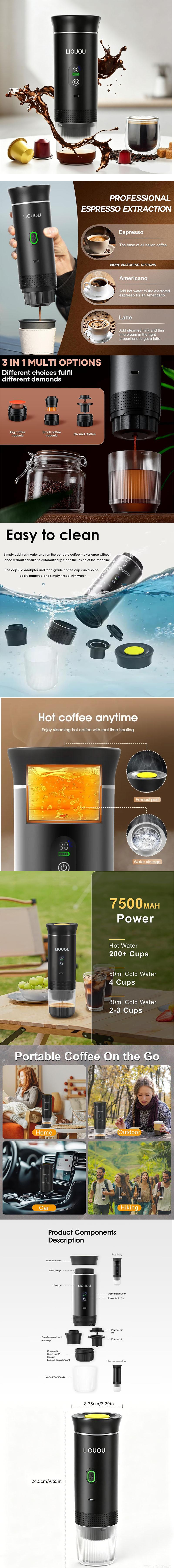 LIOUOU Portable Coffee Maker – Self-Heating Espresso Machine with Type-C | Use Pods or Ground Coffee | Ideal for Travel, Car, Home & Office