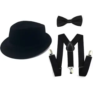 1 set 1920s mens Accessories Fedora Gangster Hat Costume Accessory Y-Back Suspenders & Pre Tied Bow Tie,Men's Roaring 20s Set Manhattan Hat