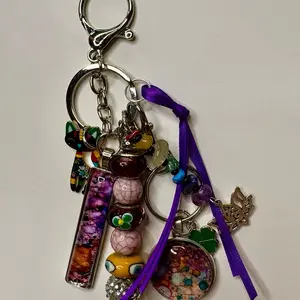 Bag Charm with 2 Handpainted Cabochons - Decorative Accessory for Bags and Purses - Purple Ribbon
