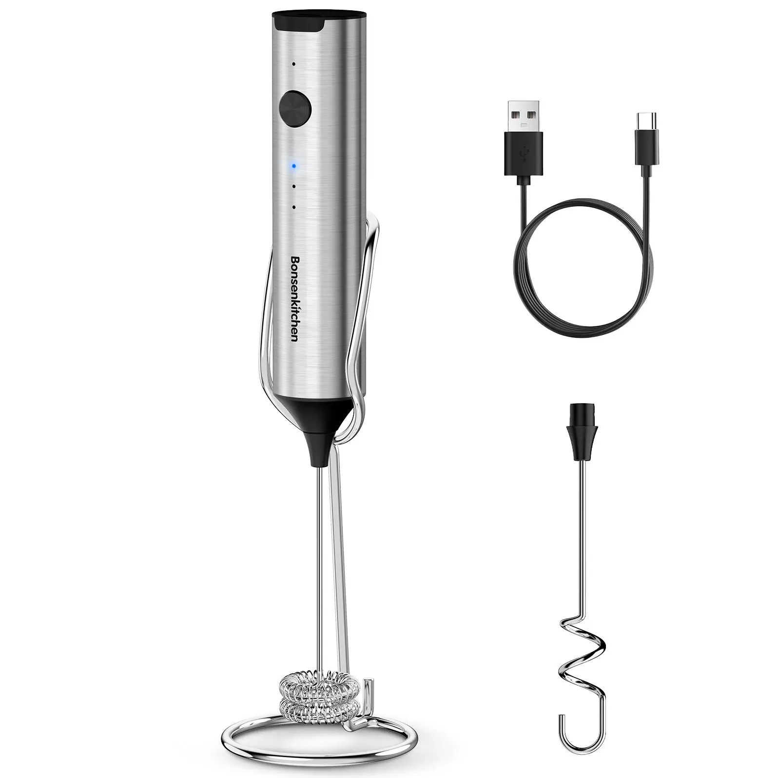 Rechargeable Milk Frother with Stand, 3-Speed Handheld Coffee Frother, Dual Spring Whisk Electric Hand Frother Wand Drink Mixer for Lattes Cappuccino Protein, Kitchen Gifts