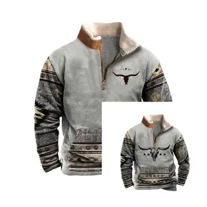 Mens Cowboy Sweatshirt Vintage Enthic Print Western Aztec Sweatshirt Casual Long Sleeve 1/4 Zip Fleece Pullover Menswear Ethnic Sweater Hoodie Tops