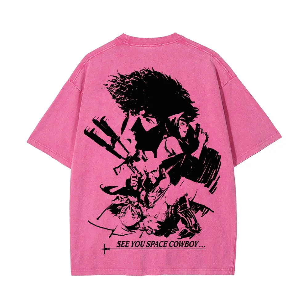 Cowboy Bebop Spike Jet Faye Ed Ein Anime Vintage Washed Heavyweight Cotton T-Shirt Retro Streetwear Casual Daily Fan Gift Unisex Micro Elasticity Eco-friendly Hot Stamping