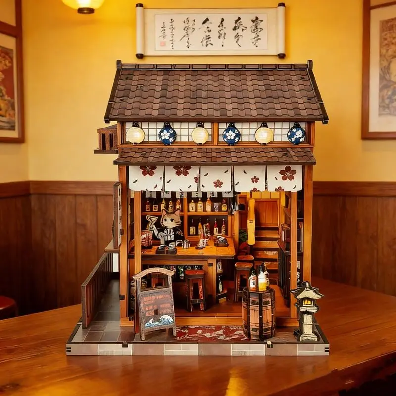 DIY Miniature House: Sakura Curtain Sake House - Japanese Style Wooden 3D Puzzle Street View Model, Handmade Craft & Gift Toy, Wooden Model Kit, DIY Building Model, DIY Kits