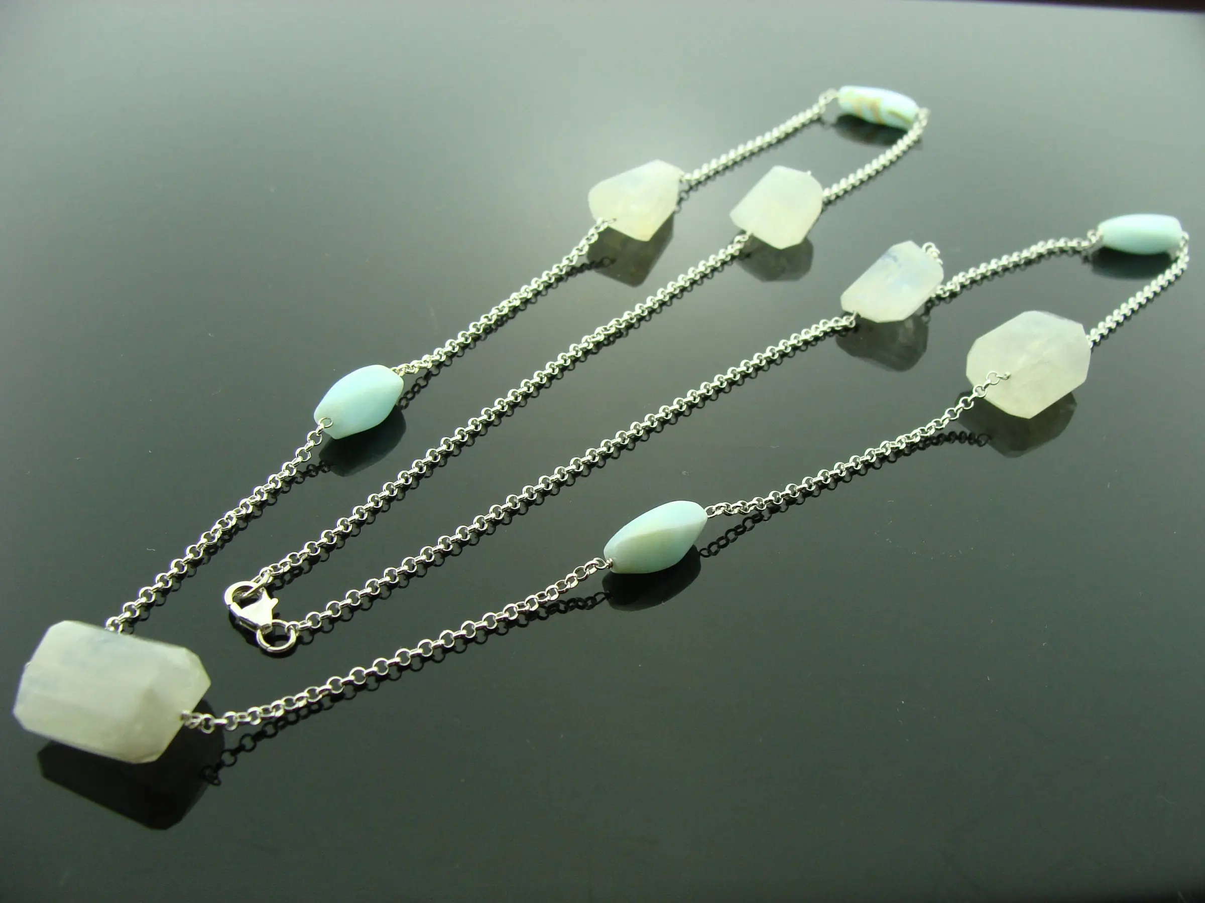 Long Rainbow Moonstone & Blue Opal Necklace · 925 Sterling Silver · Boho Gemstone Jewelry · Gift for Her · Handmade