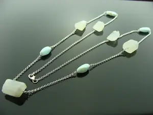 Long Rainbow Moonstone & Blue Opal Necklace · 925 Sterling Silver · Boho Gemstone Jewelry · Gift for Her · Handmade