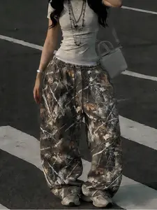 Women's camouflage tree branch print loose wide-leg pants, oversized high-waisted drawstring trousers, Casual Streetwear Pants, suitable for street style and everyday wear | #Grunge aesthetic, campus style