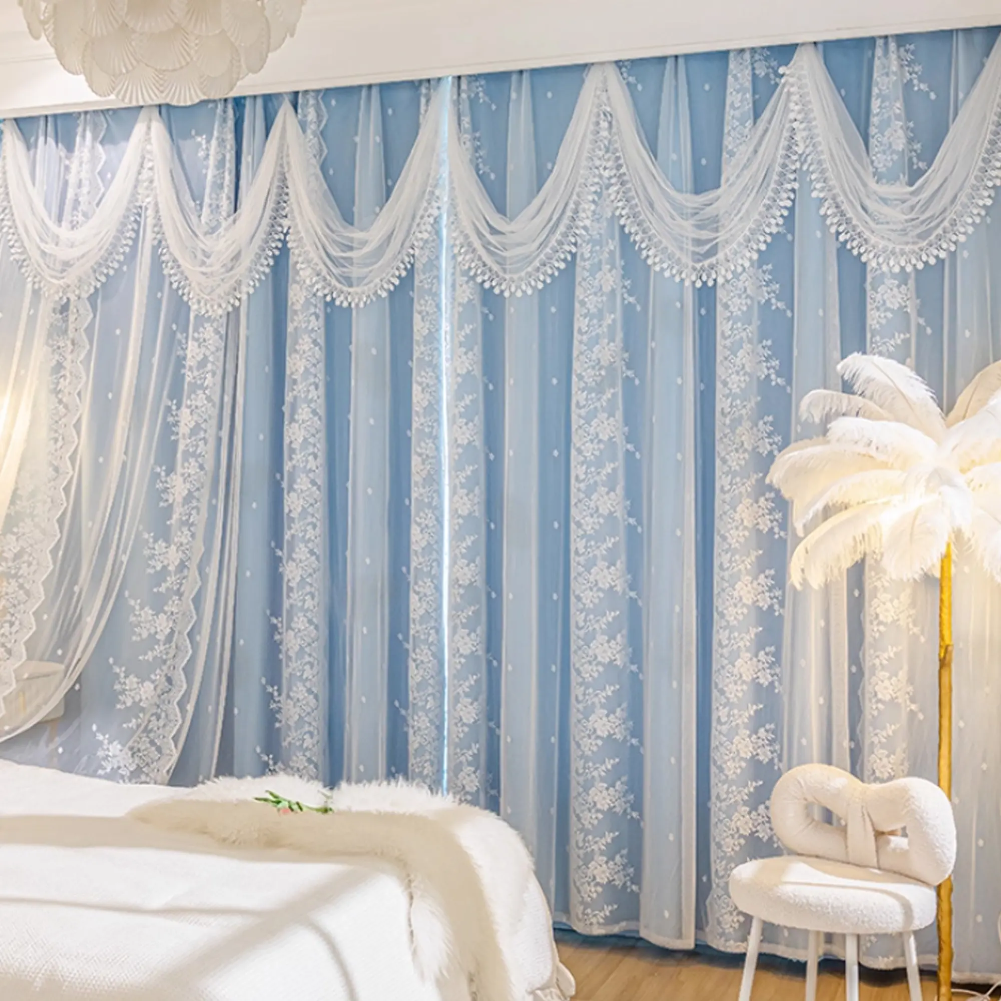 Luxury Double Layer Jacquard Blackout Home Decoration Curtain, Floral Drapes with Valance, Casual Style, Ideal for Living Room & Bedroom