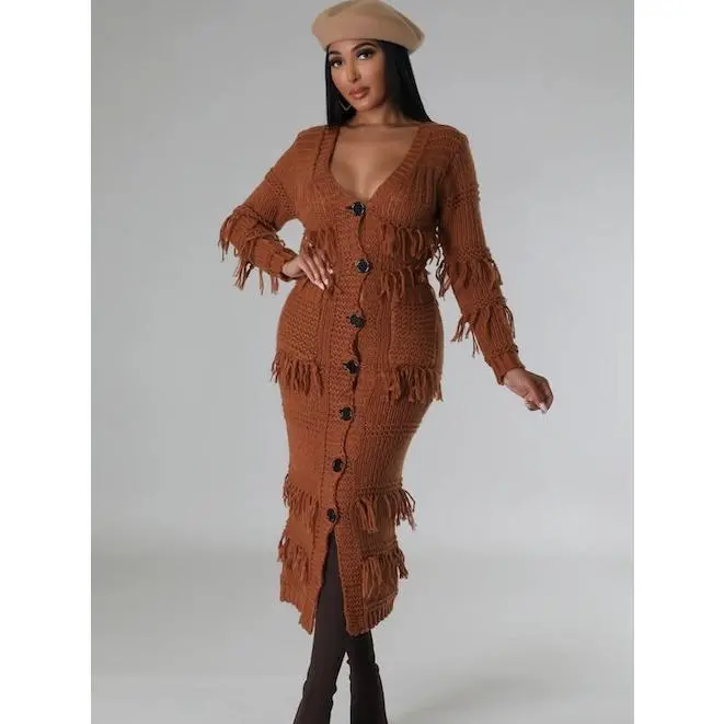 Women's Chic Long-Sleeve Bohemian Fringe Shaggy Maxi Knit Cardigan with Pockets - Lady's Casual Statement Tops, Minimalist Day Dress Knitwear