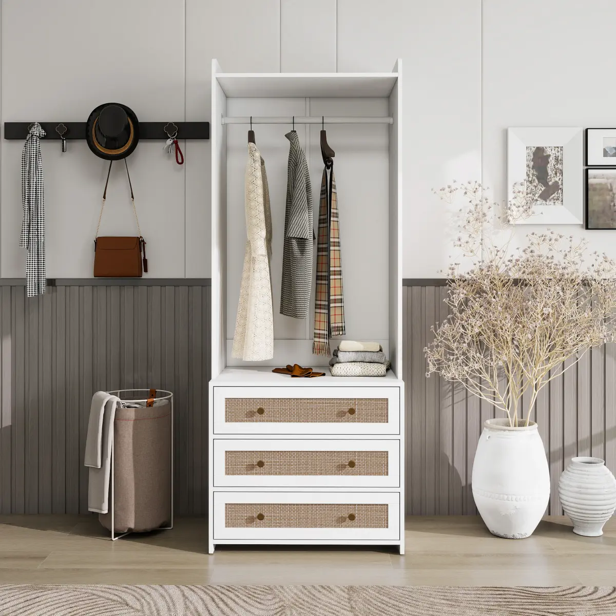 High Wardrobe Armoire with 3 Drawers - Rattan Accents & Multi-Zone Storage, Sturdy Wood-Rattan Construction with Adjustable Internal Shelves, Ideal Bedroom Organizer for Living Room Bedroom Entryway Guest Room Rental Apartment Small Space Dorm