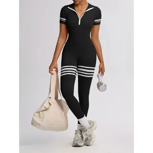 Women's Seamless Fashion Colorblock Striped Short Sleeve Jumpsuit, Waist Cinching Design, Contrast Stripe Zipper Stand Collar