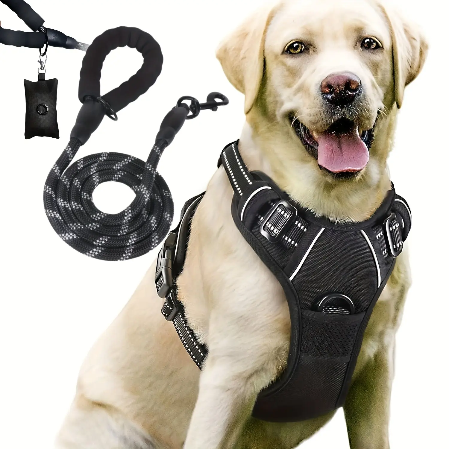 Durable Reflective Harness Set (3pcs) for Medium/Large Dogs - Polyester, Escape-Proof, Padded, Chew Resistant, Detachable, Adjustable Design, Argyle Pattern, Reflective Tape, Leash, Poop Bag Dispenser, Soft Walking Harnesses, Christmas Gift