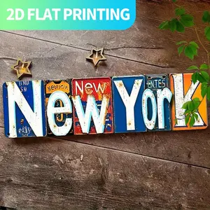 2D Flat, 1pc Vintage New York Metal Wall Decor Sign - Large 15.7x3.9 Inch Retro NYC Taxi Cab Letters in Turquoise, Red, Blue, Yellow, White - Pre-Drilled Holes for Easy Hanging - Farmhouse, Kitchen, Office, for Man Cave Decoration - Ideal NYC-Themed Gift