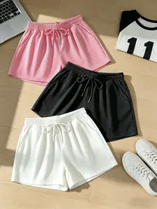 3-Pack Summer Women's Drawstring Solid Color Elastic Waist Shorts, Casual Loose-Fit Slimming Sports Pants, Simple Versatile Home & Outwear Hot Pants, Bottom, Womenswear