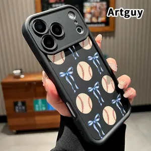 Phone Case for iPhone 17 Pro Max 16 Plus 15 14 13 12 11 Air E Ribbon and Baseball Pattern Pocket-Friendly Shockproof Silicone Protective Softcase