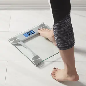 Digital Bathroom Scale for Body Weight, Large 12.2 Inch Glass Platform, Blue Backlit LCD Display, 440 lb Capacity, Weight Tracking for 2 Users, Clear
