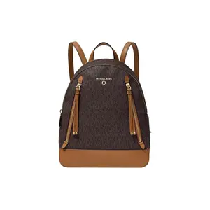 Michael Kors MK Brooklyn Monogram Canvas Backpack with Zipper Closure for Women in Ivory and Light Brown