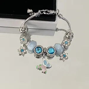 Silver Blue Crystal Charm Bracelet with Butterfly Pendant, Adjustable Snake Chain Bracelet, Sparkling Flower & Heart Beaded Bangle, Elegant Jewelry Gift for Women, Perfect for Daily Wear & Gifting