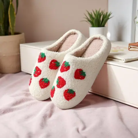 Women's and Men's Strawberry Pattern Slippers, Retro Memory Foam Cute Cartoon Plush Fluffy Warm Lined Strawberry Slippers, Indoor Home Winter Shoes
