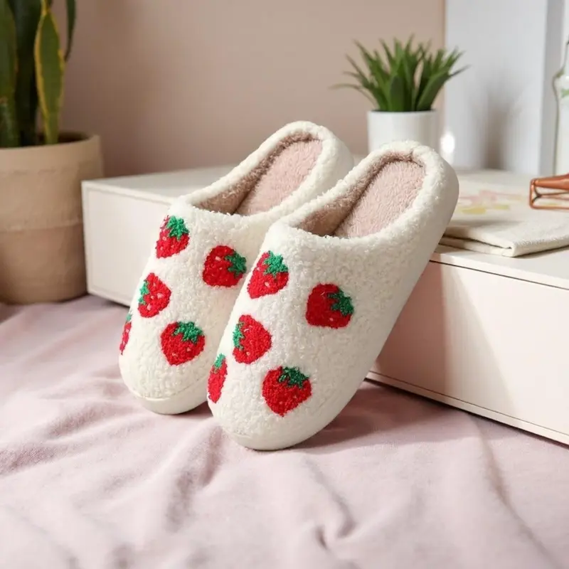 Women's and Men's Strawberry Pattern Slippers, Retro Memory Foam Cute Cartoon Plush Fluffy Warm Lined Strawberry Slippers, Indoor Home Winter Shoes