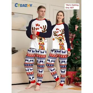 Men's Christmas autumn and winter casual home pajamas set, wearing a Christmas hat, scarf, deer print long-sleeved top, with reindeer snowflake striped trousers, holiday two-piece set