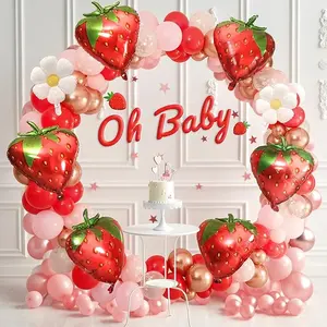 Strawberry Balloon Arch Kit, Strawberry Balloon Garland with Balloon Strip, Ribbon, Strawberry Party Decorations, Strawberry Baby Shower Decorations, Golden Pink, GPSBGA-1808
