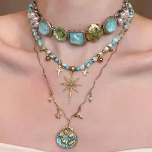 European and American Retro Beaded Layered Necklace for Women Bohemian Light Luxury Niche Personality Exaggerated Fashion Collarbone Chain Accessory