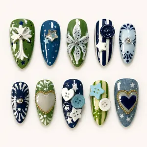 Retro Star Button Press On Nails – Blue Green Y2K Heart Charm, Denim Pattern, Funky 3D Indie Nail Art for Summer Outfits & Daily Wear