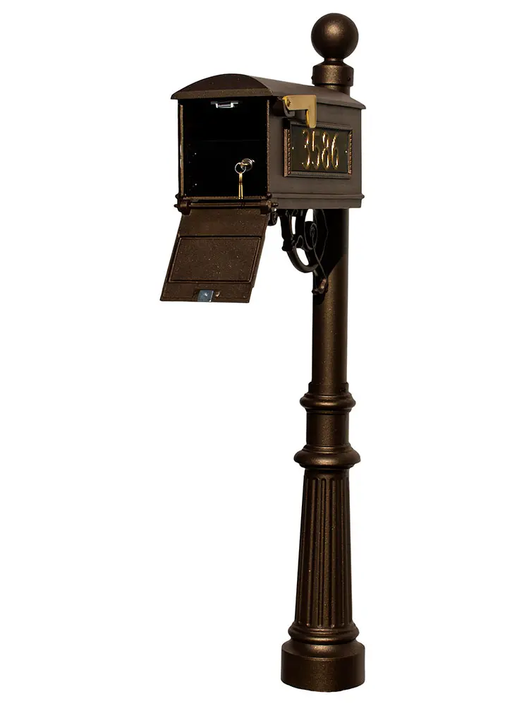 Bronze LMC-LKIT-804-BZ Locking Mailbox Insert Post System, Fluted Base, Ball Finial, 3 Cast Plates for Anti-Theft Lockable Door Letterboxes, Anti-Theft Door Letterboxes