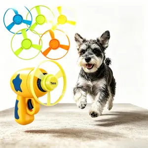 Pet Interactive Flying Saucer Launcher Set - Flashing Light Spinning Top, Illuminated Bamboo Copter, Standard Flying Disc - Indoor/Outdoor Chasing Game to Burn Extra Energy for Busy Owners, Toddlers & Kitten Caregivers essentials Toy