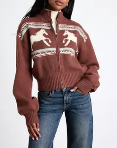 Lulus Duchess Brown Horse Print Zip-Front Sweater