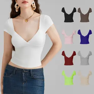 Women's Deep V Neck Tops Casual Short Sleeve Low Cut Solid ColorFit T-Shirts Soft Fabric Chic Spring Summer Multi-Color