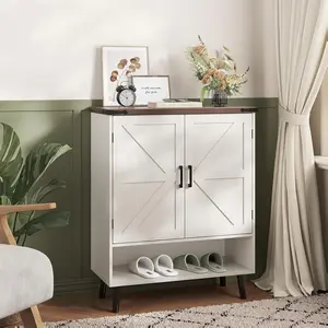 Vabches Farmhouse Shoe Storage Cabinet with Doors, 5 Tier Small Shoe Cabinet with Adjustable Shelves and Metal Legs, 34" Tall Shoe Rack Organizer for Entryway, Foyer, White