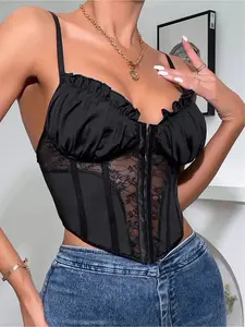 Lace Ruched Sheer Bodysuit, New Fashion Sexy Backless Ribbed Thin Straps Hollow Out Mesh, Suitable for Daily Wear or Dates
