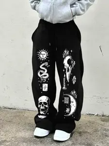 Men's Casual Sporty Long Pants, Skull & Moon & Snake Pattern, Drawstring Wide Leg, All Seasons, Loose-Fitting, Graphic Animal Print