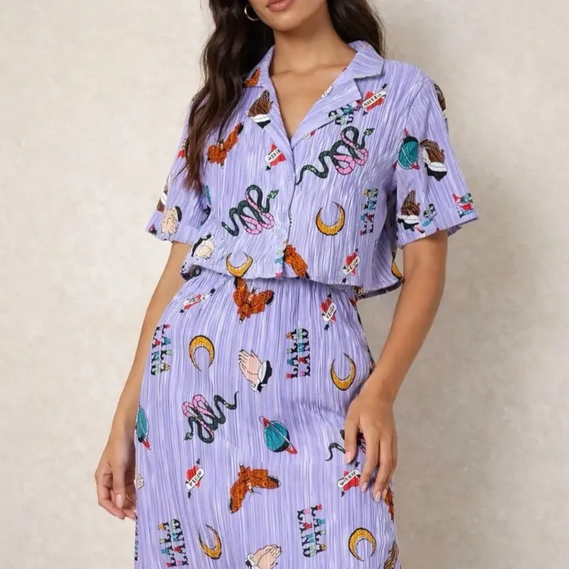 Dressed In Lala Lavender Tattoo Plisse Set Womenswear Skirt