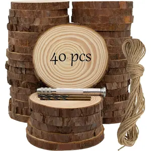 Unfinished  Wooden Slices 40 count 3.2-4 Inch  Circles for Crafts DIY Christmas Ornament Craft  Kit with Bit,Blank Round  Slice with Bark for Art,Painting,Party (40)
