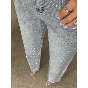 Y2k Women Shiny Rhinestone Denim Pants Wide Leg Straight Full Diamond Jeans for Female Dragging High Street Outwear Trousers
