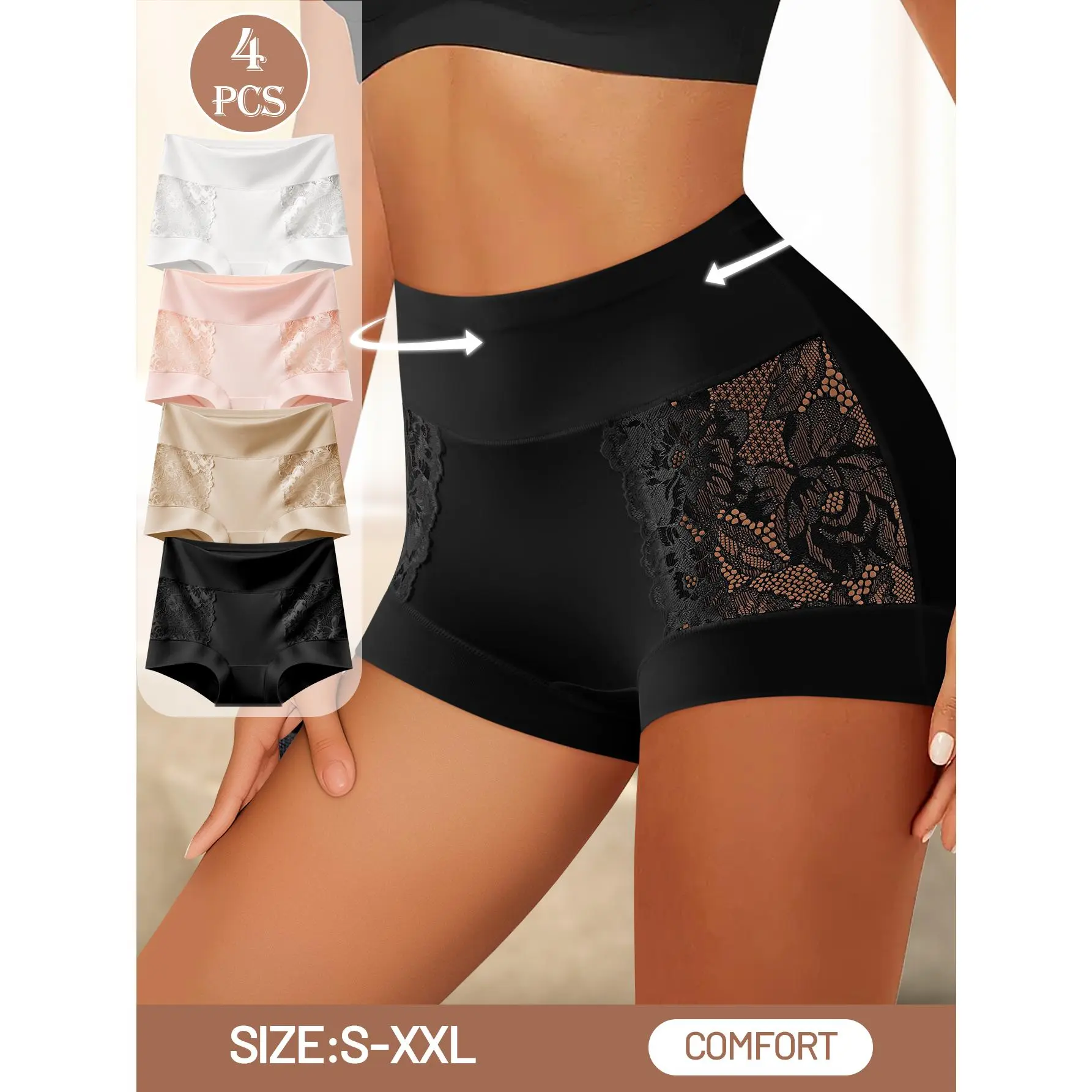 QUASTI Women's 4-Pack High-Waisted Lace Boxer Briefs - Basic Everyday Elegance, Soft Breathable Smooth Skin-Friendly Polyester Fabric, 4pcs/4 Mix Colors, Seamless 4-Season Panties, S-XXL
