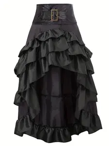 Women's Vintage High-Waisted Skirt, Irregular Ruffle Hem, Patchwork Cake Design, For Parties or Evening Events