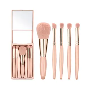 Skyblue Travel Makeup Brush Set - 5-Piece Mini Portable Brushes with Case Storage Box & Vanity Mirror Compact Design for Face & Eye Makeup Use Plastic Handle