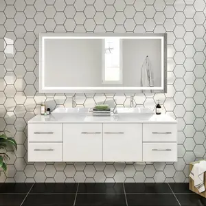 Wave 60 in. White Wall Mount Double Sink  Bath Vanity with White Quartz Top and Vessel Porcelain Sinks