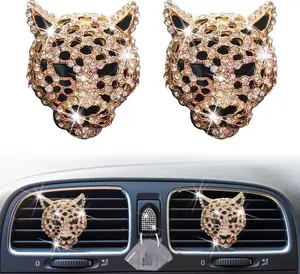 2 count Bling Leopard Air Vent Clips,  Leopard  Air Fresheners Vent Clips  Diffuser Vent Clip Rhinestone Decoration Interior Decor  Bling Accessories for Women (Golden)