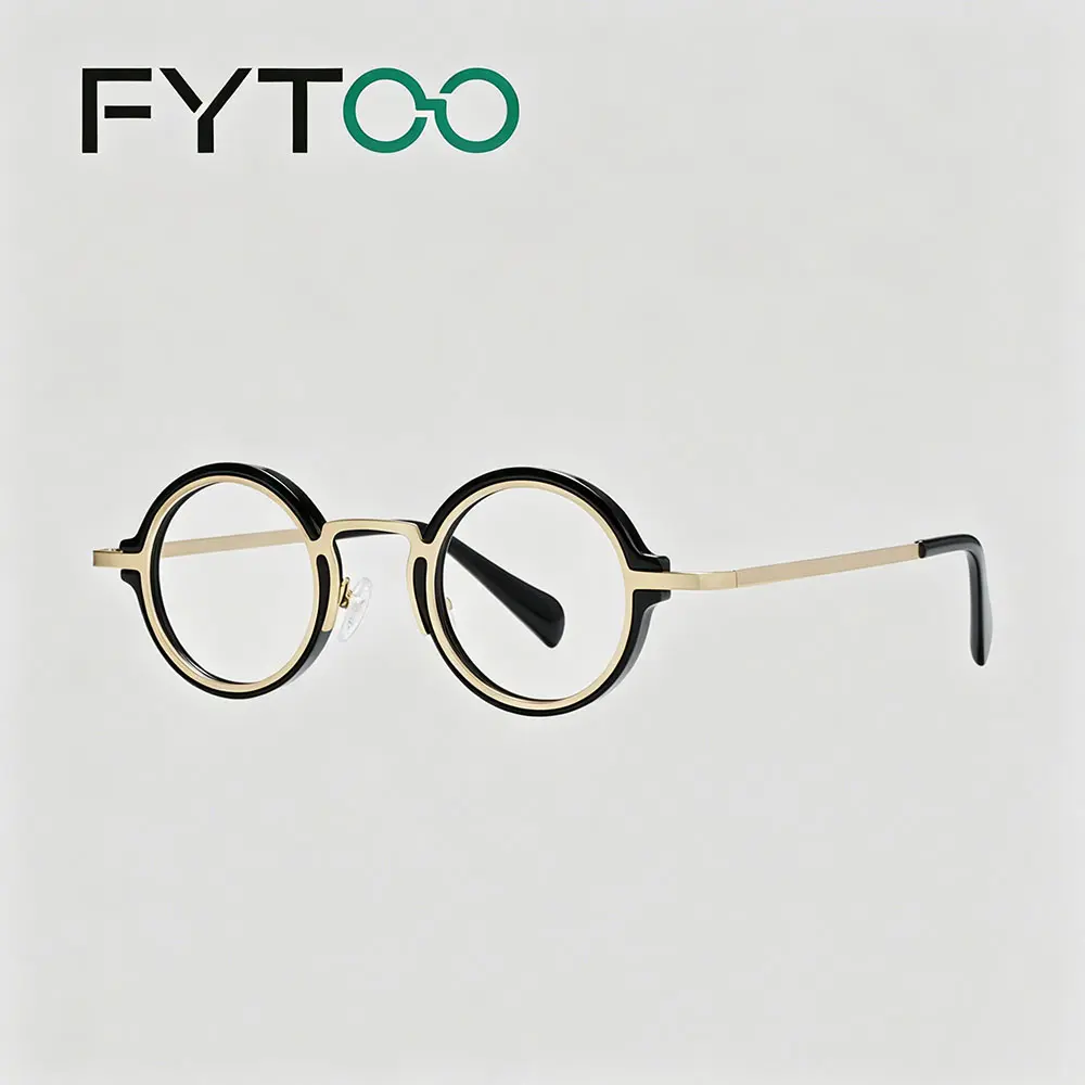 FYTOO Retro Round Art Deco Unisex Statement Frame Glasses, Lightweight 2-Tone Black & Gold Full Rim Acetate-Metal, Replaceable Detailed Hardware, Everyday Style Casual Frames
