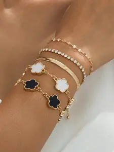 Elegant Women Layered Bracelet Set, Five-Leaf Clover Charm, Full Rhinestone, Snake Skin, Delicate Chain, Stackable & Versatile, Bracelets Stack, Elegant Jewelry Bracelet