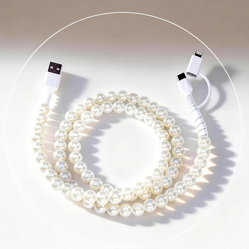 Aesthetic Beaded Anti-Tangle Dual Charging Cables - Universal USB-C & Lightning Phone Accessories with Charger Adapter, Durable for Smartphones, Portable Car/Daily Use, Cheerful Colors (Pearl White, Rainbow, Star, Macaron) Gifts for Teenage Girls, Smartph