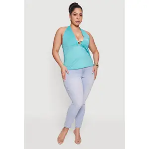 Plus Size Metallic O-Ring Keyhole Halter Top