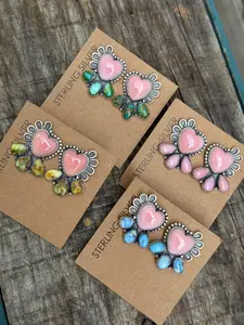 Pink Conch and Multi Stone Heart Half Cluster Sterling Silver Earring