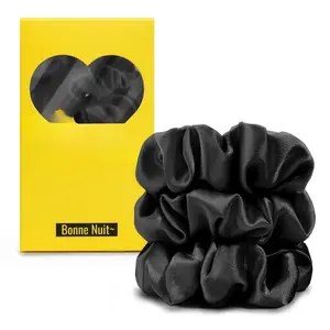 Silky Satin Scrunchies For Women, Satin Hair Ties for Thick and Thin Hair, Classic Black, Pack of 3