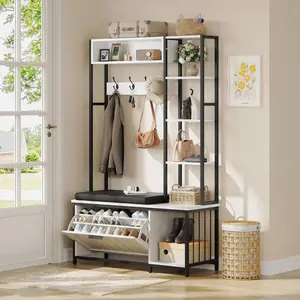 Hall Tree Coat Rack, Hall Tree With Bench and Shoe Storage Shoe With, Mud Room Storage Furniture，39.37 X 15.74 X 69.69 Inches