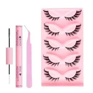 01 Fox Eyes 5 Pairs Mixed Colour False Eyelash Set, Glue Tweezers, Cat Eye Effect False Cluster Eyelashes, Natural Curl Eye Makeup Strip Eyelashes for Women and Girls. manga lash cheap  lashes Cosmetic